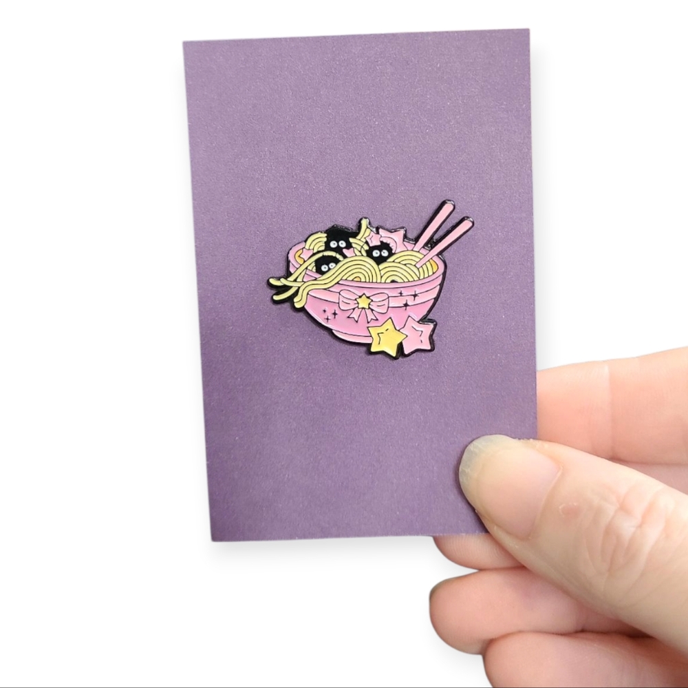 Cute Pink Ramen Bowl With Sprites Enamel Pin